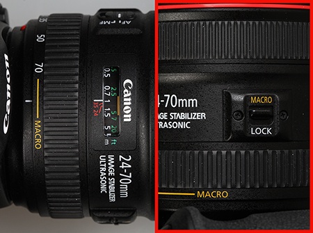 Canon EF 24–70 mm 1:4L IS USM - přepínač na makro a značení makrooblasti